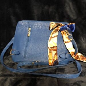 Blue Italian Leather Crossbody Bag with Scarf Accent